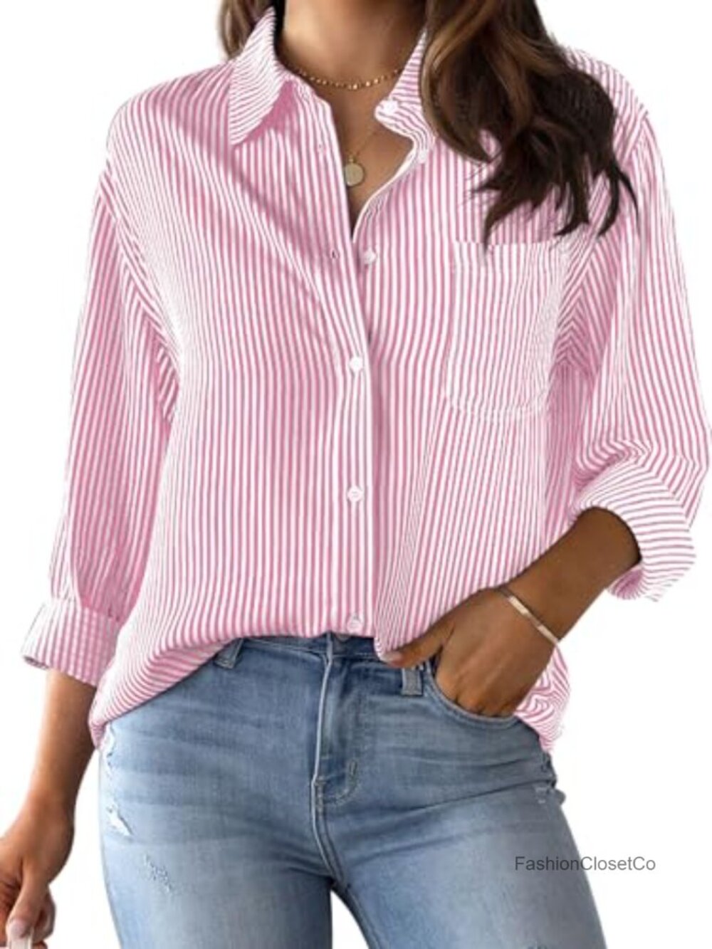 Womens Striped Button Down Shirt Long Sleeve Blouse Work Top